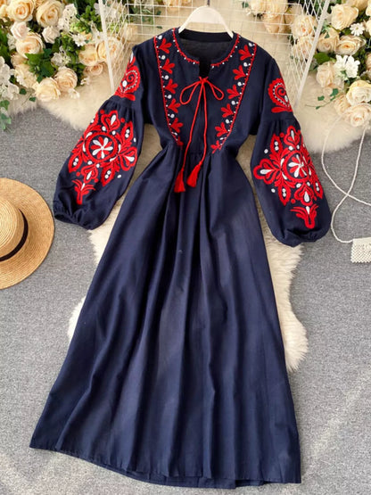 Embroidered Tie Neck Long Sleeve Dress