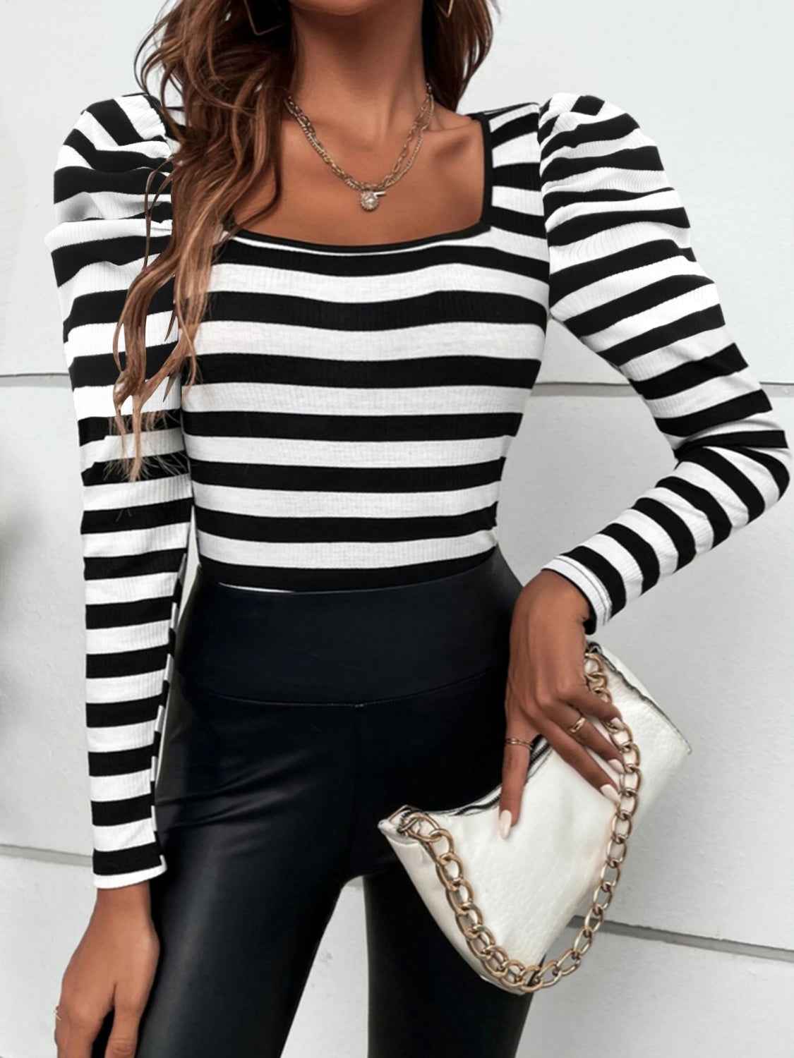 Striped Square Neck Puff Sleeve T Shirt Lojy Shop