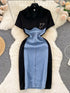 Full Size Color Block Denim Patchwork Bodycon Mini Dress Plus Size