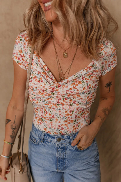 Printed Ruched Short Sleeve Bodysuit