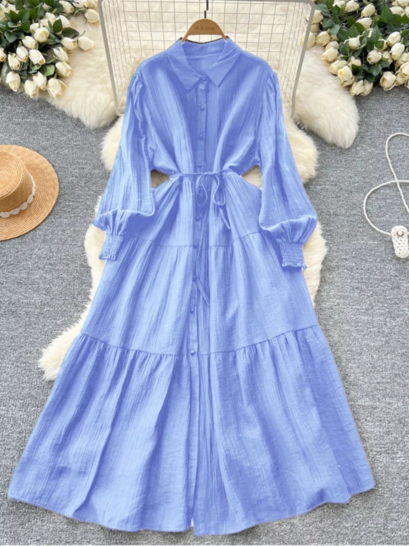 Button Down Tiered Long Sleeve Dress