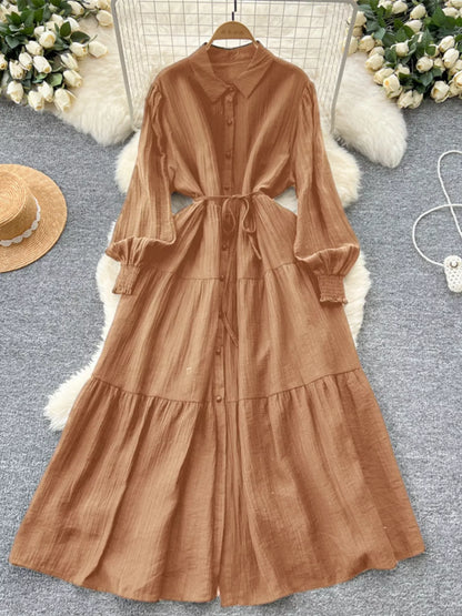 Button Down Tiered Long Sleeve Dress