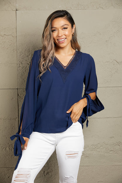 Perfee V-Neck Tie Cuff Slit Blouse