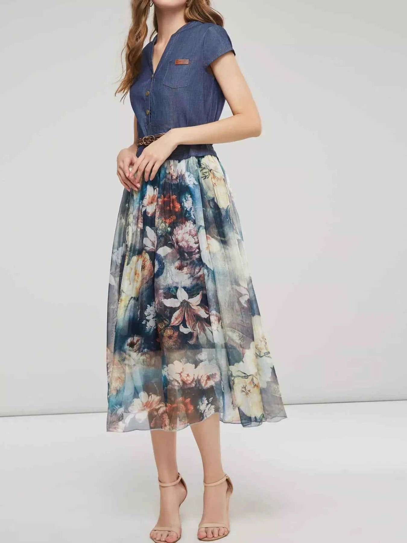 Full Size Patchwork Floral Print Chiffon Dress Plus Size