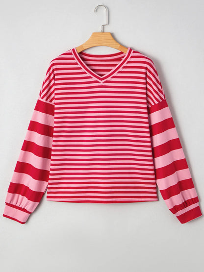 Contrast Striped Drop Shoulder V Neck Top