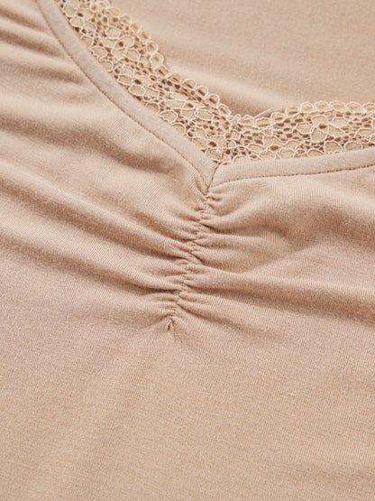 Lace-Trimmed Ruched Detail Long Sleeve T-Shirt