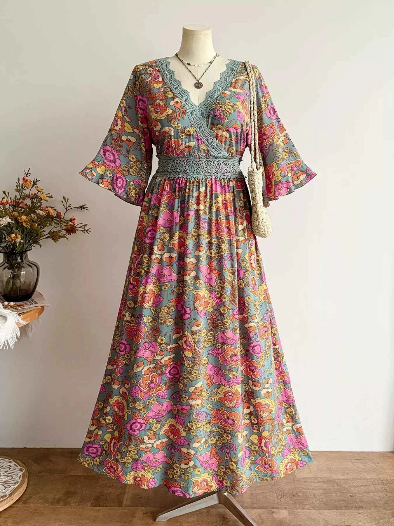 Plus Size Lace Detail Floral Surplice Dress