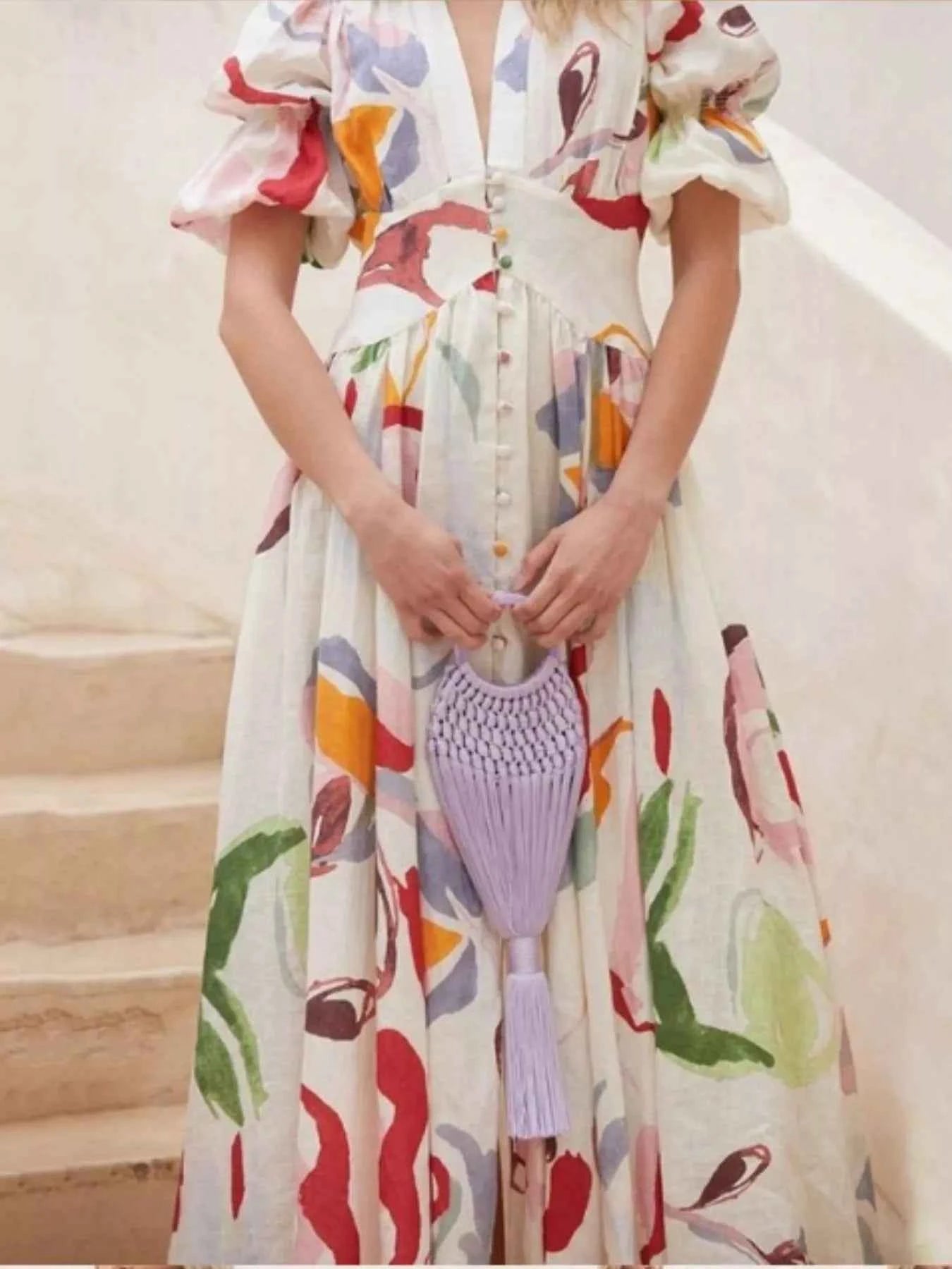 Full Size Abstract Print Puff Sleeve Midi Dress Plus Size