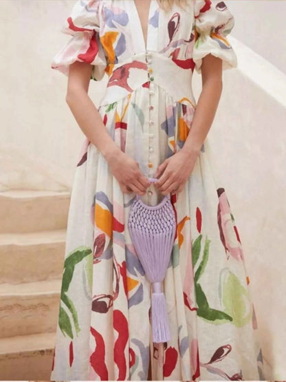 Full Size Abstract Print Puff Sleeve Midi Dress Plus Size