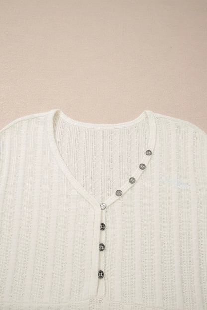 Ribbed Knit Button Detail V-Neck T-Shirt