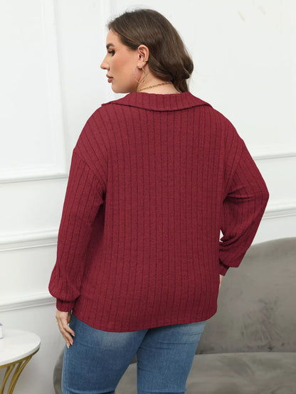 Plus Size Ribbed Knit Polo Collar T-Shirt