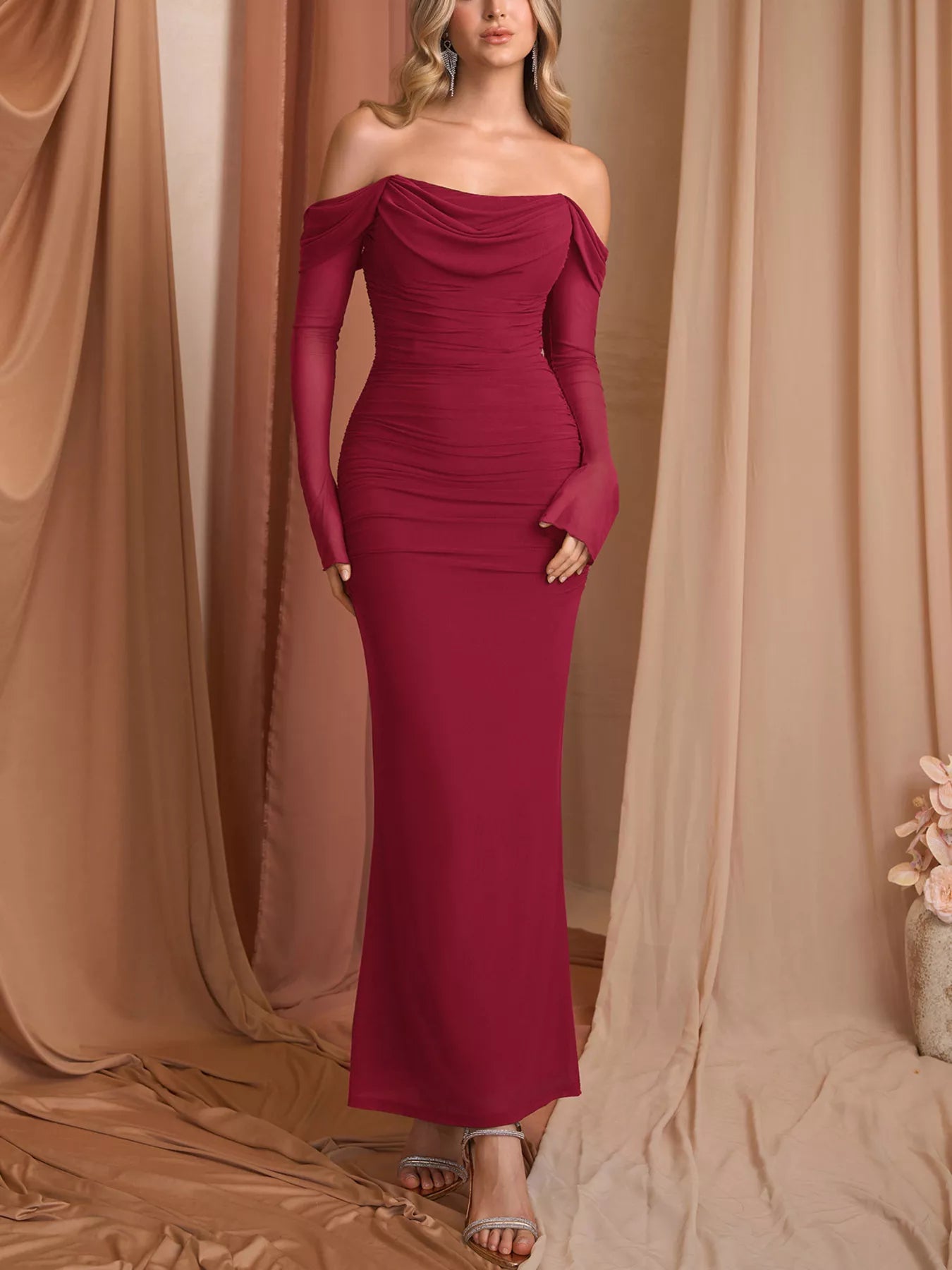 Off-Shoulder Ruched Mermaid Maxi Dress