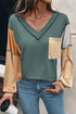 Color Block V-Neck Long Sleeve T-Shirt