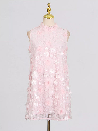 Floral Applique High Neck Sleeveless Mini Dress