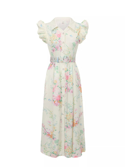 Floral Print Ruffle Sleeve Midi Dress