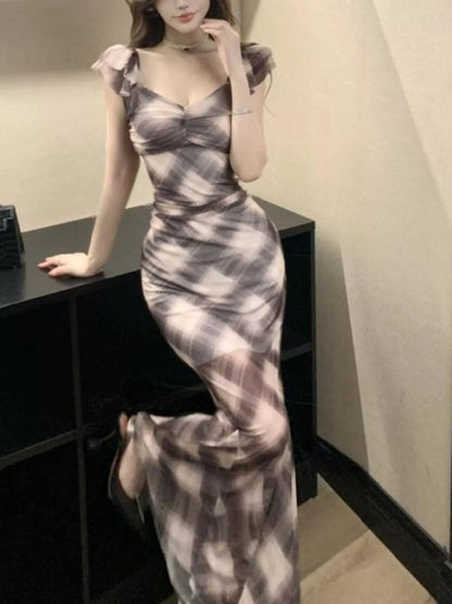 Plaid Ruffle Cap Sleeve Bodycon Maxi Dress