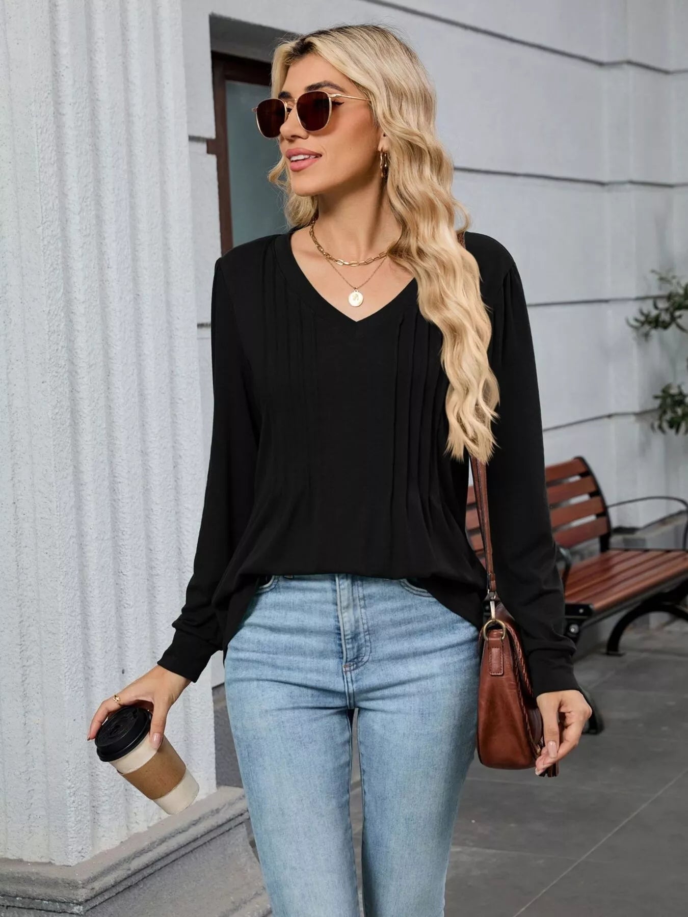V-Neck Long Sleeve Relaxed Fit T-Shirt