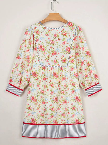 Striped Edge 3/4 Puff Sleeve Floral Dress