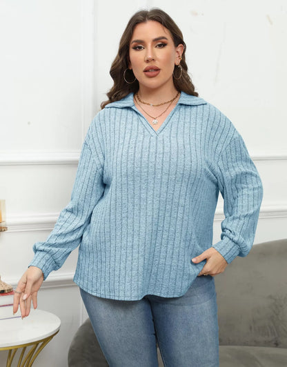 Plus Size Ribbed Knit Polo Collar T-Shirt