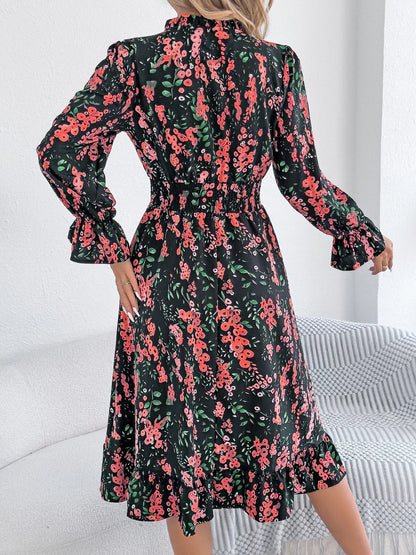 Floral Print Ruffle Hem Flounce Sleeve A-Line Dress