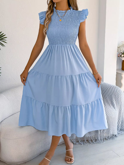 Smocked Ruffled Cap Sleeve Dress