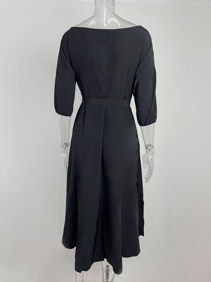 Boat Neck Tie Waist Midi Dress