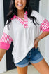 Striped Color Block Patchwork Polo Collar Half Sleeve T Shirt