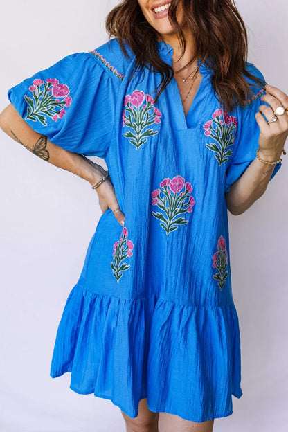 Flower Embroidered Split Neck Short Puff Sleeve Ruffle Hem Dress