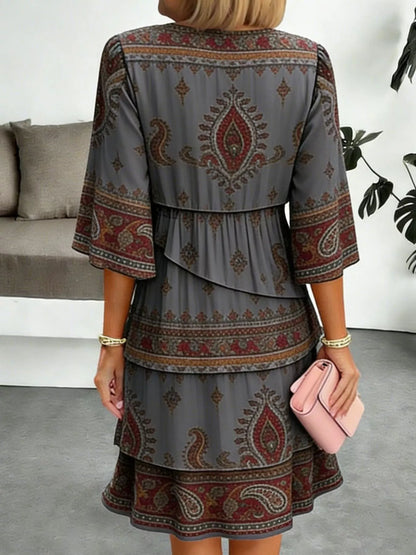 Full Size Paisley Print Layered Ruffle Mini Dress Plus Size
