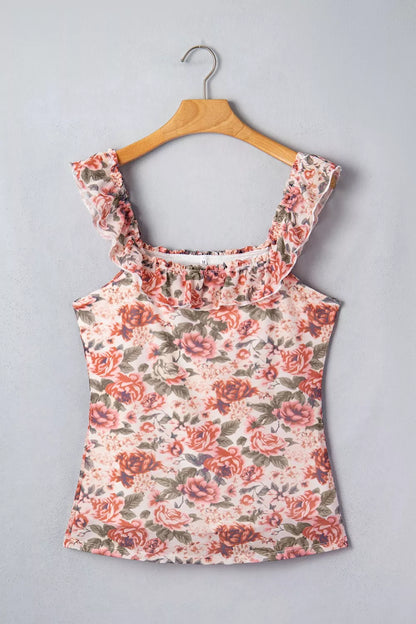 Floral Print Ruffle Trim Tank