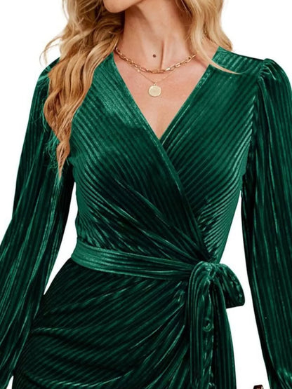 Surplice Long Sleeve Tie Waist Dress