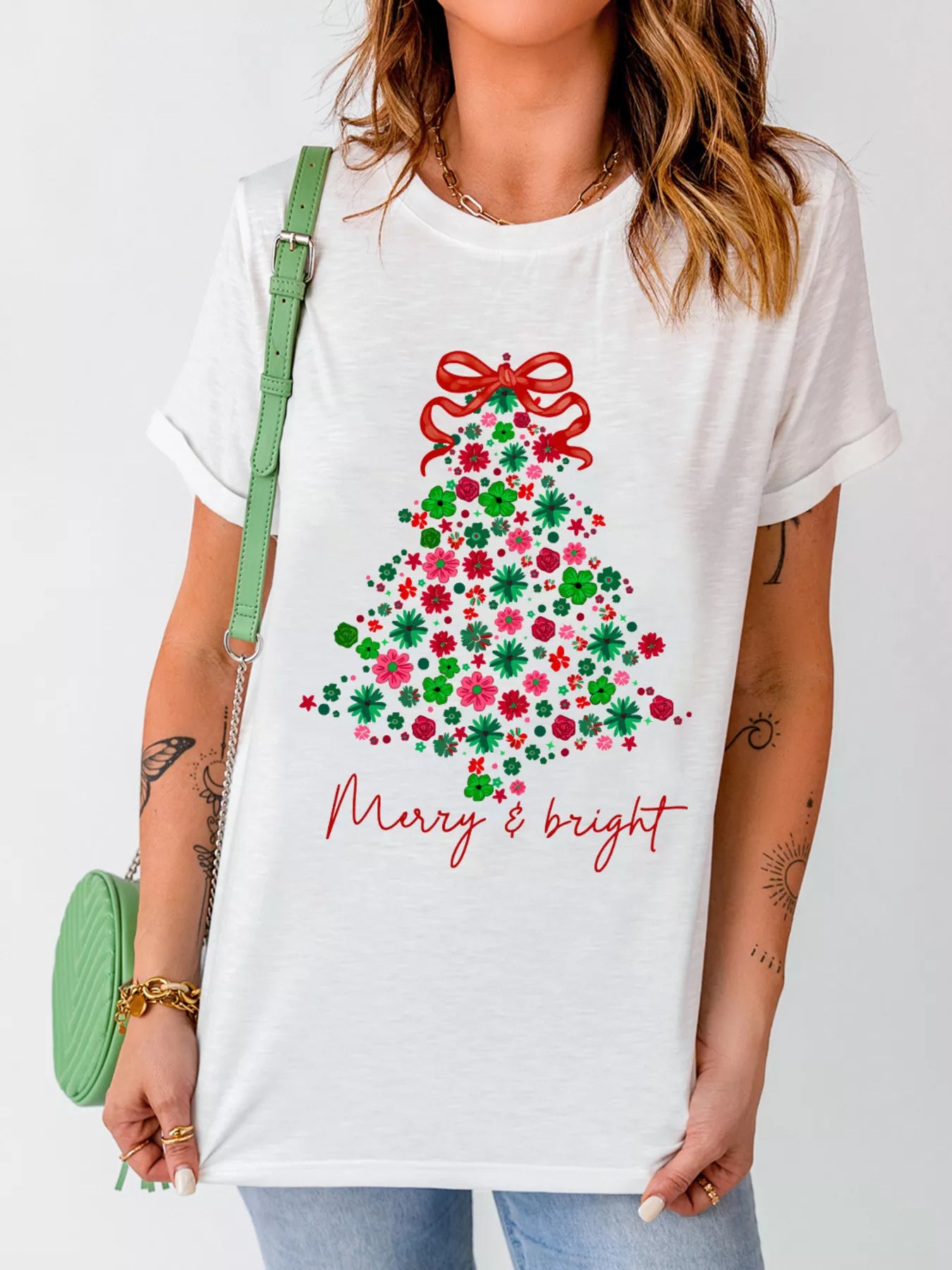 Merry &amp; Bright Floral Christmas Tree Graphic T Shirt