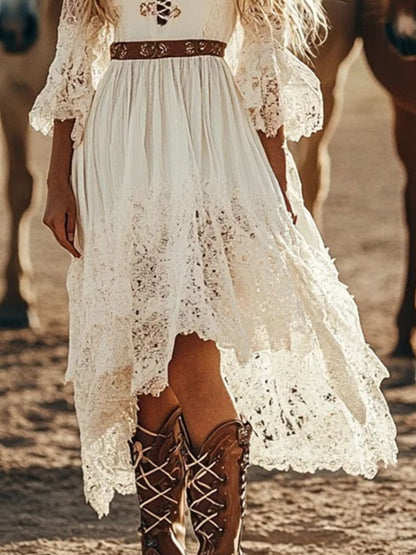 Lace Trimmed High-Low Dress