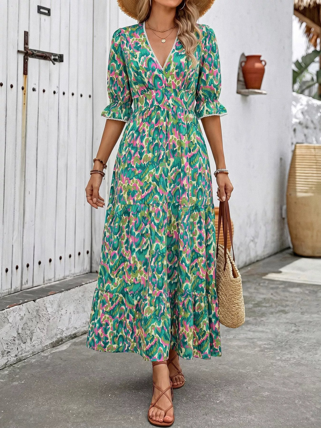 Printed V-Neck Flounce Sleeve Dress