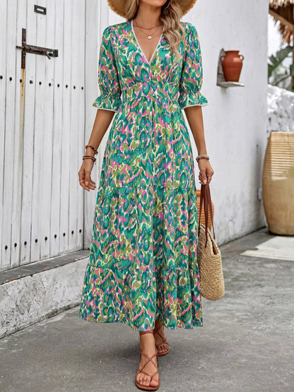Printed V-Neck Flounce Sleeve Dress