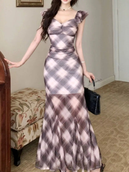 Plaid Ruffle Cap Sleeve Bodycon Maxi Dress