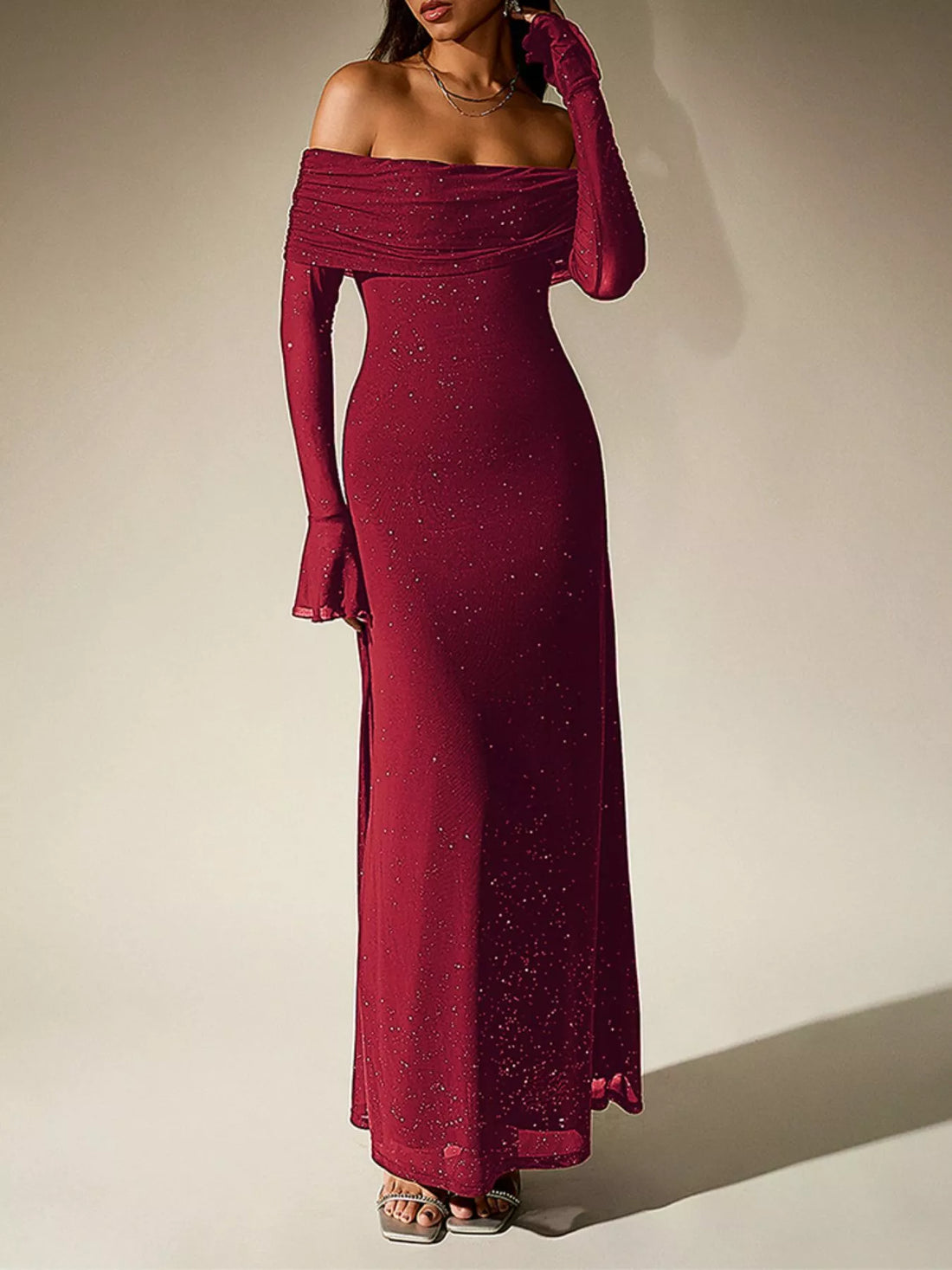 Glitter Off-Shoulder Maxi Dress