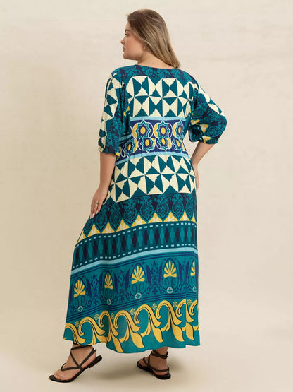 Plus Size Printed V-Neck Half Sleeve Midi Dress