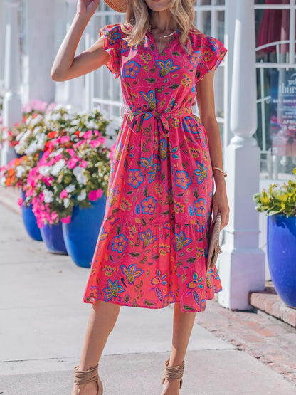 Flutter Sleeve Belted Floral Dress