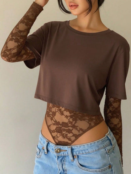 Lace Patchwork Round Neck Bodysuit