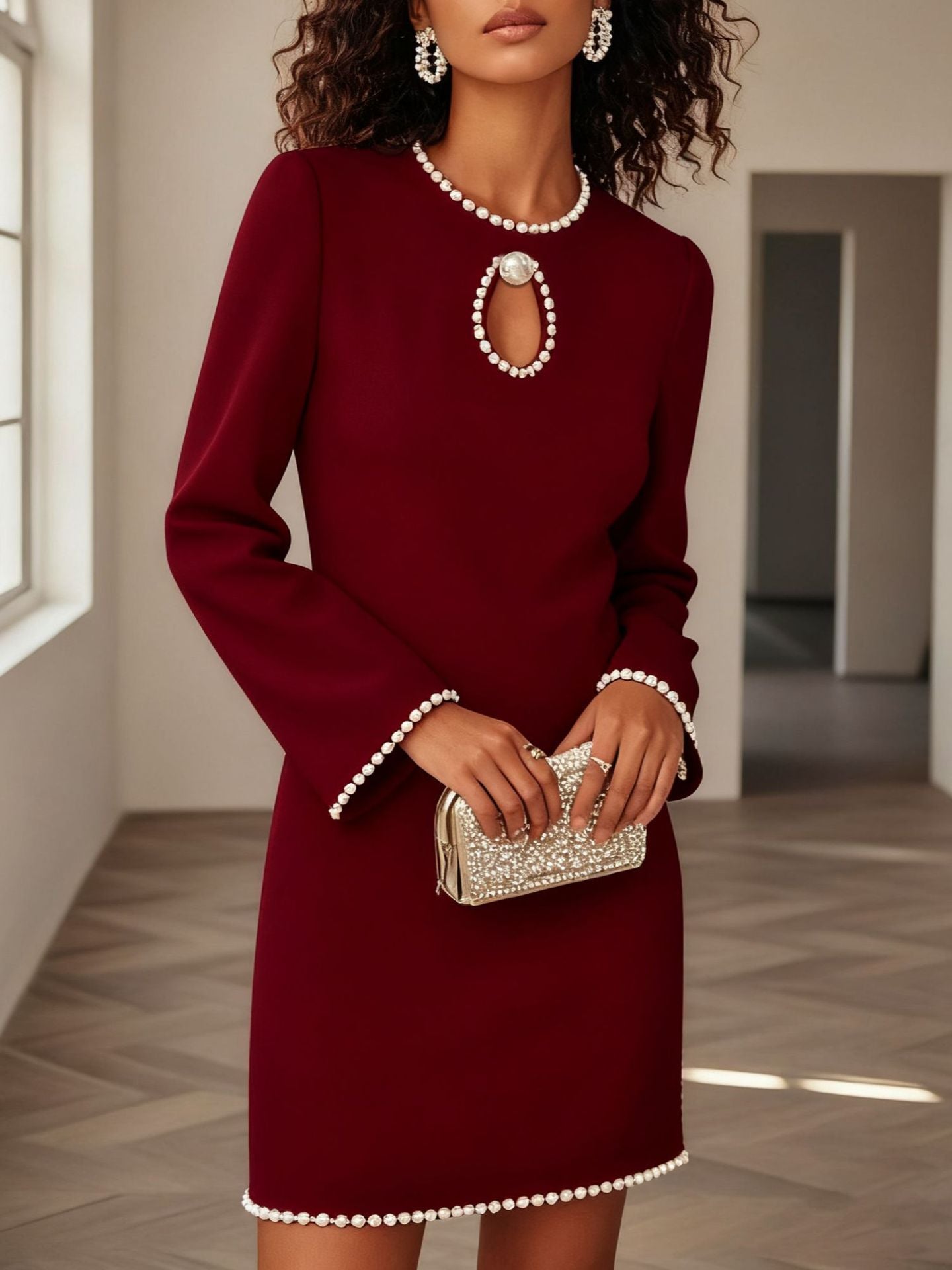 Keyhole Pearl Trim Mini Dress