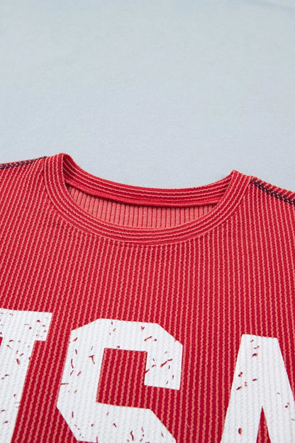 Twisted Rib Vintage USA Letter Printed T Shirt