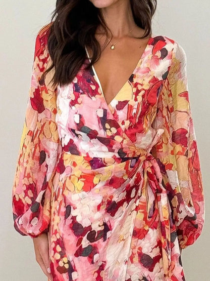 Surplice Long Sleeve Tie Waist Dress