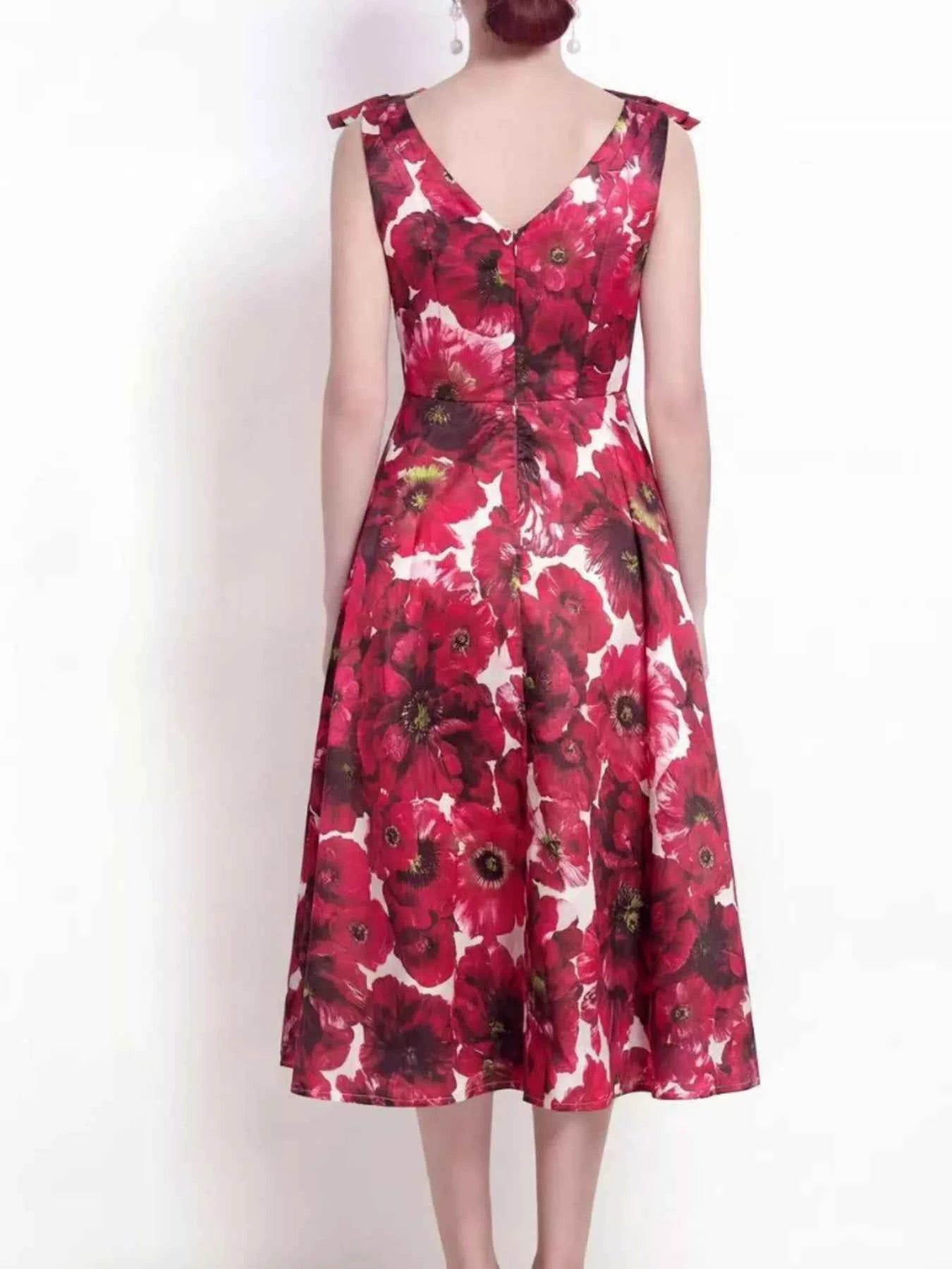 V-Neck Sleeveless Floral Print Midi Dress