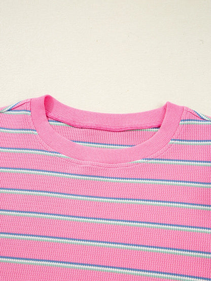 Stripe Textured Knit Round Neck Puff Sleeve Top