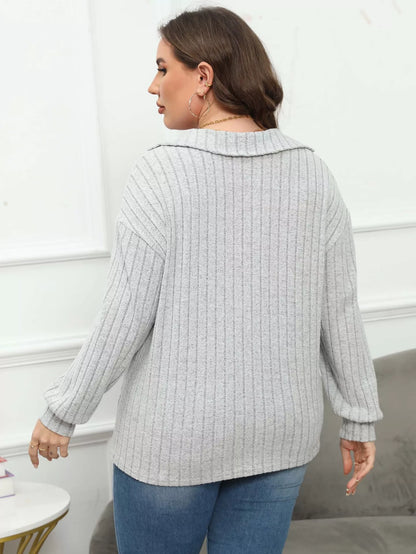 Plus Size Ribbed Knit Polo Collar T-Shirt