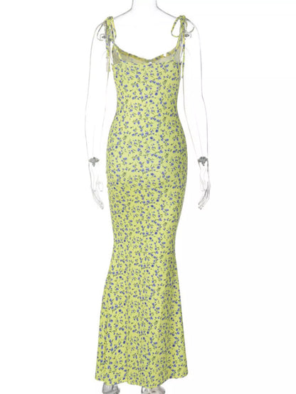 Floral Print Tie Strap Bodycon Maxi Dress