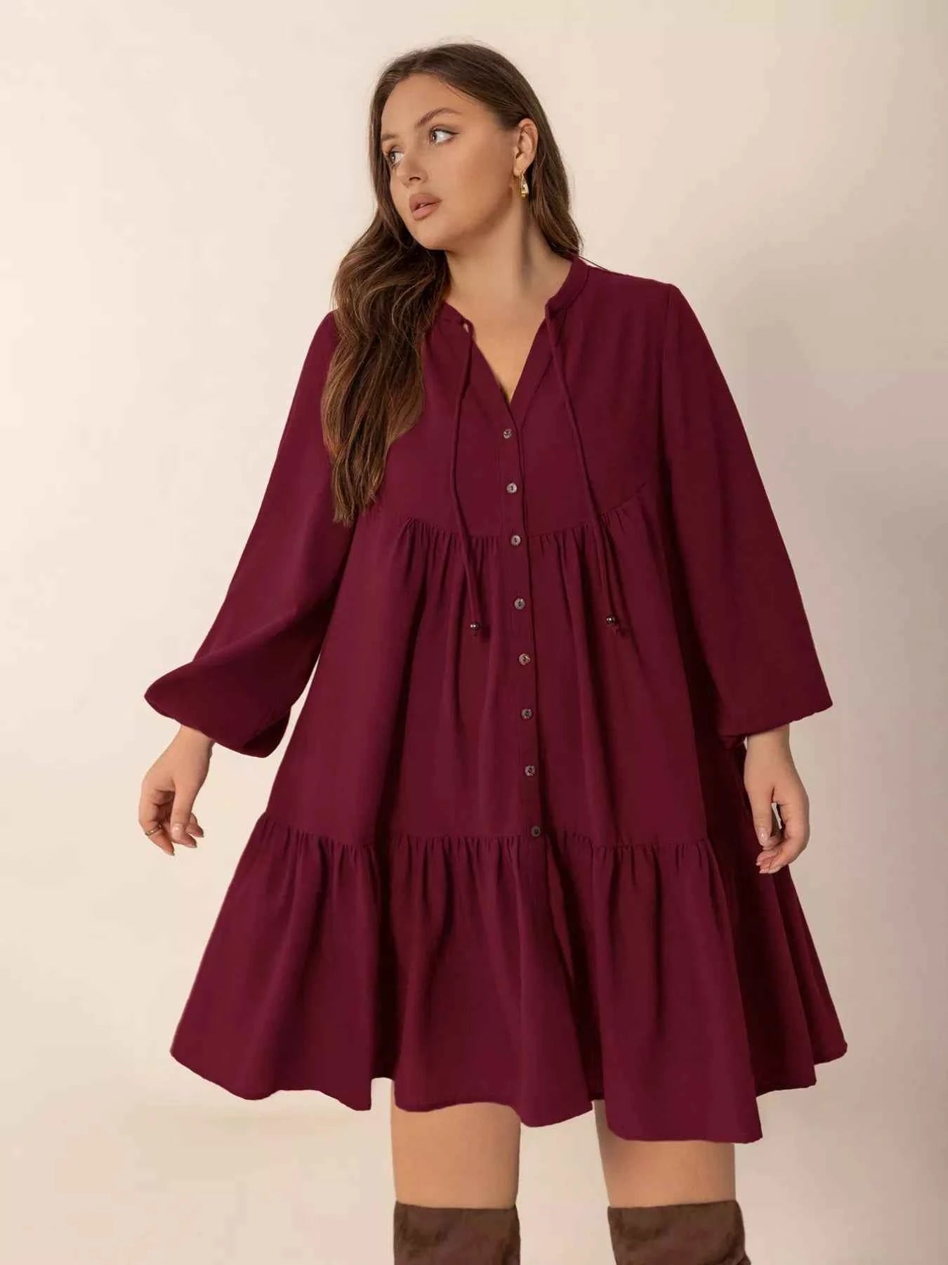 Plus Size Button Front Balloon Sleeve Dress