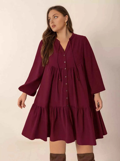 Plus Size Button Front Balloon Sleeve Dress
