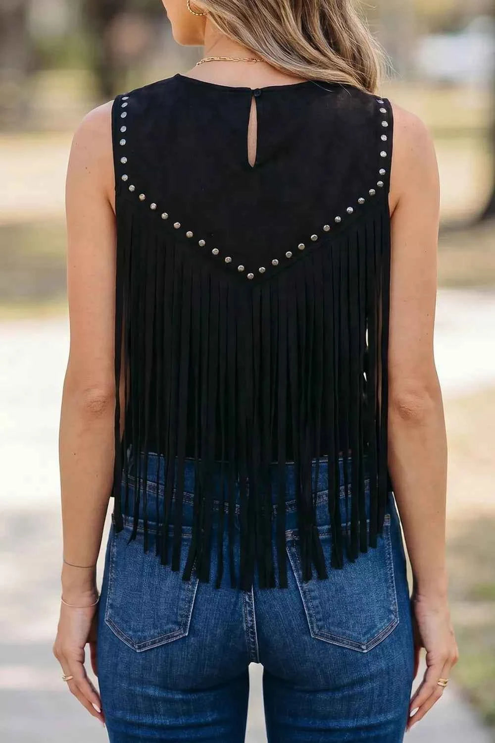 Western Fringe Rivet Paneling Bust Sleeveless Top